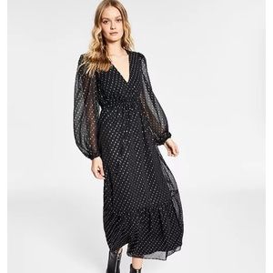 Macy’s *Bar III* 🎁 NWT black gorgeous metallic-print chiffon maxi dress …